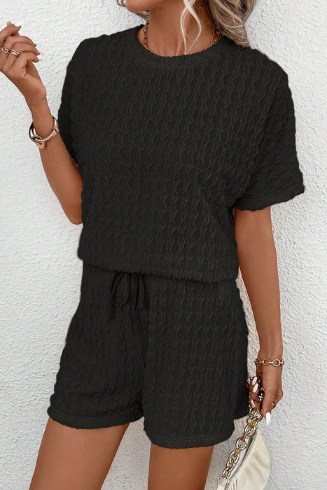 Black Frill Textured Tee and Drawstring Shorts Set