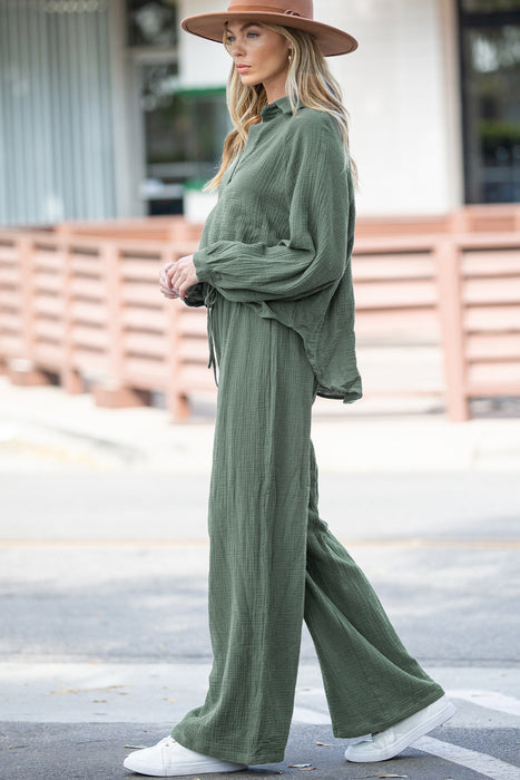 Mist Green Crinkle Split Neck Top Loose Drawstring Pants Set