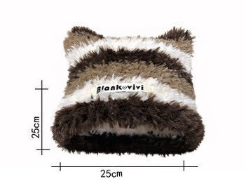 Warm Full With Cat Ears Contrast Color Striped Plush Wool Hat