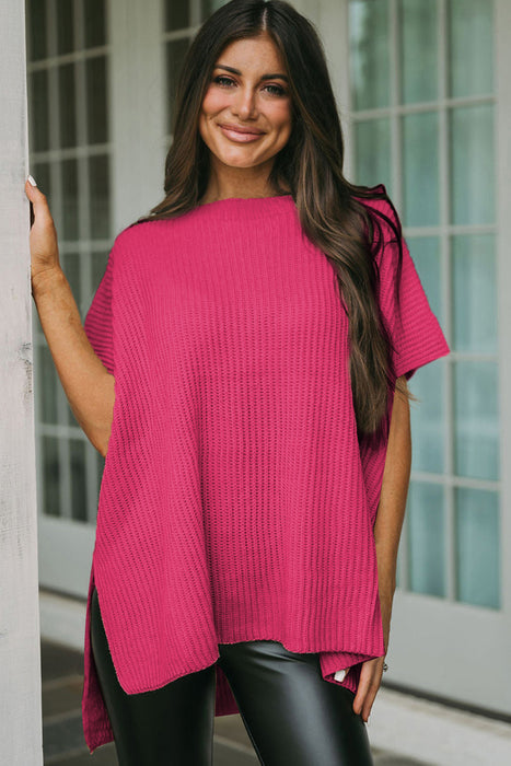 Rose Red Side Slit Short Sleeve Oversized Sweater