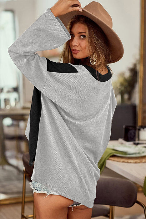 Black Color Block Ribbed Knit V Neck Pullover Long Sleeve Top