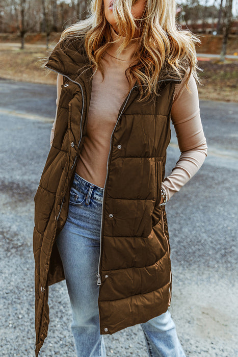 Brown Hooded Pocketed Quilted Long Vest Coat