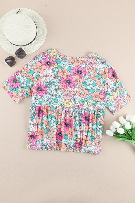 Multicolor Floral Print Ruffle Round Neck Babydoll Tee