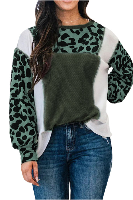 White Leopard Colorblock Waffle Knit Patchwork Top