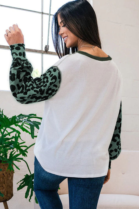 White Leopard Colorblock Waffle Knit Patchwork Top