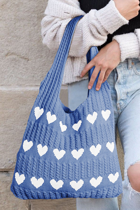 Apricot Colorblock Heart Pattern Knit Shoulder Bag