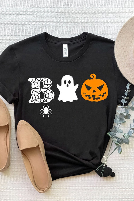 Black Boo Print Casual Halloween Graphic Tee