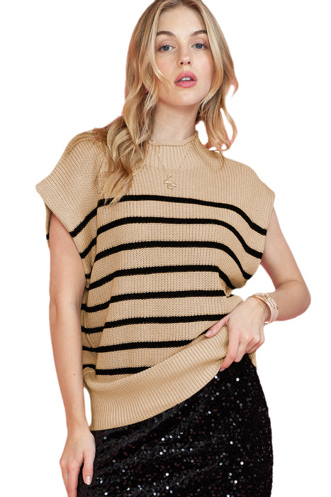 Parchment Striped Knit Mock Neck Short Sleeve Sweater