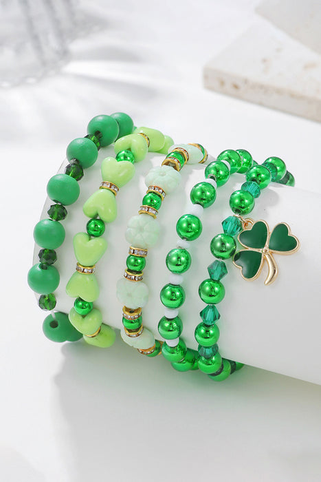 Green 5pcs Clover Pendant Beaded Bracelet Set