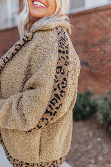 Khaki Plus Size Leopard Trim Button up Sherpa Jacket