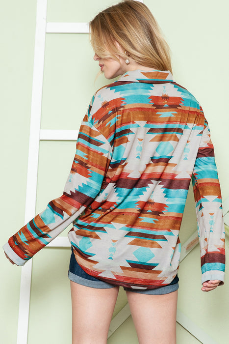 Multicolor Geometric Print Buttoned Pocket Long Sleeve Shirt