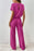 Rose Red Solid Color Ribbed Short Sleeve Wide Leg Jumpsuit