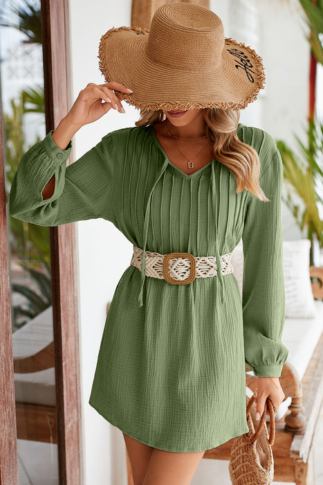 Green Pleated V Neck Crinkled Loose Tunic Top