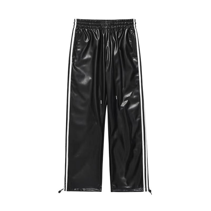 Spring And Autumn Simple Three Bar Stripes Straight Loose Leather Pants Men