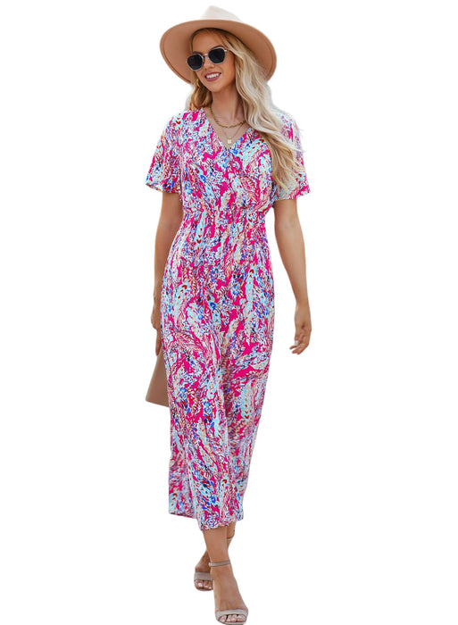 Rose Boho Abstract Print Wrap V Neck Short Sleeve Maxi Dress