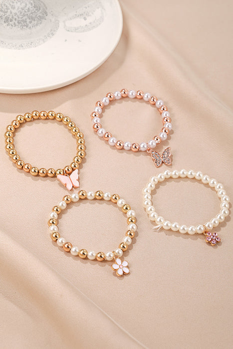 Apricot 4pcs Pearl Beading Butterfly Flower Bracelet Set