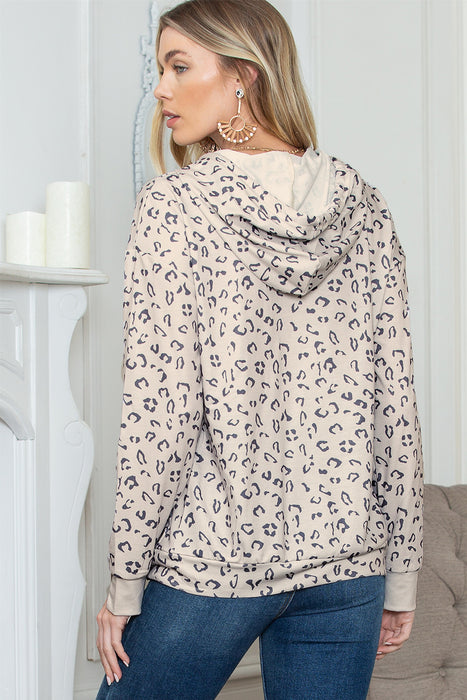 Leopard Kangaroo Pocket Long Sleeve Drawstring Hoodie