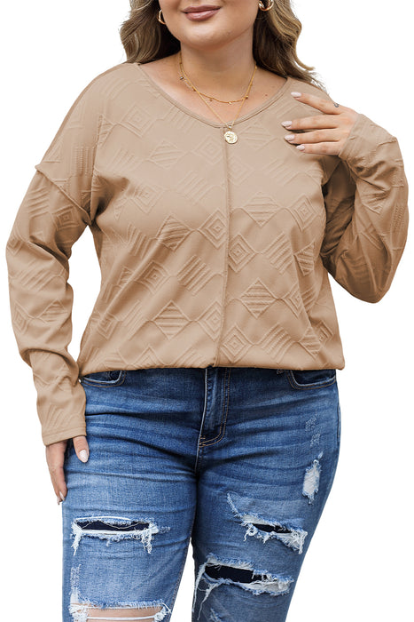 Khaki Plus Size Textured Drop Shoulder Exposed Seam Top