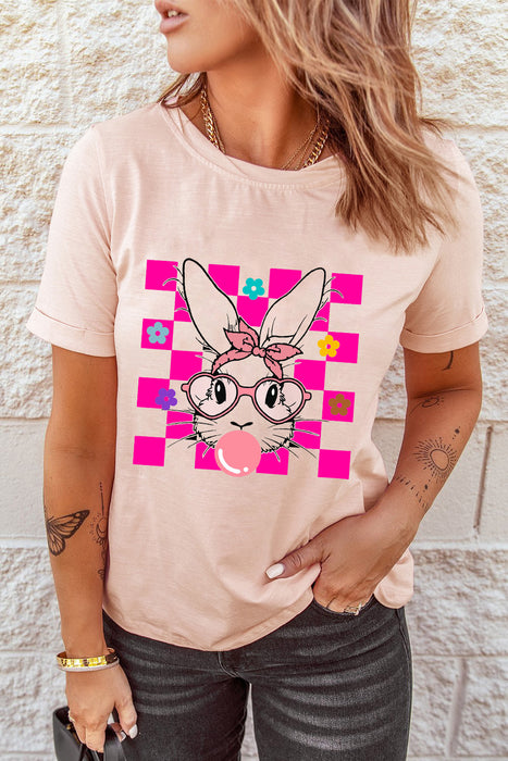 Pink Easter Rabbit Checkered Flower Graphic O Neck T Shirt