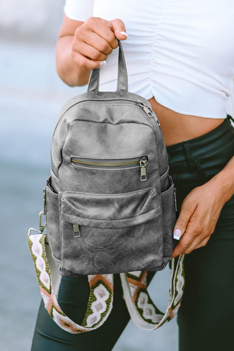 Gray Double Zipper Geometric Straps Faux Leather Backpack