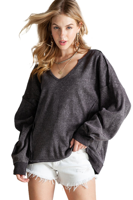 Grey Textured Exposed Seam Pullover Sweatshirt for Women