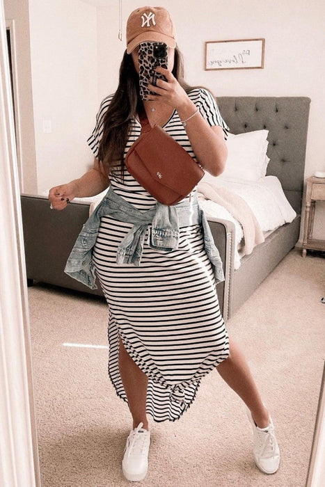 Black Striped Print Side Split Short Sleeve V Neck Maxi Dress