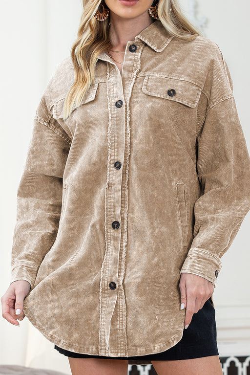 Khaki Vintage Distressed Mineral Wash Oversized Shacket