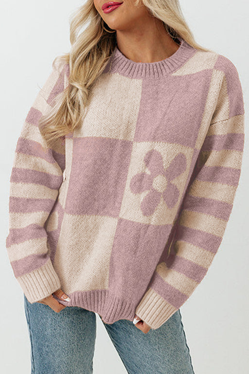 Purple Orchid Petal Checkered and Striped Knitted Sweater