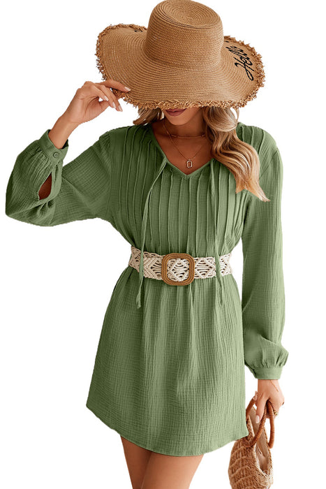 Green Pleated V Neck Crinkled Loose Tunic Top