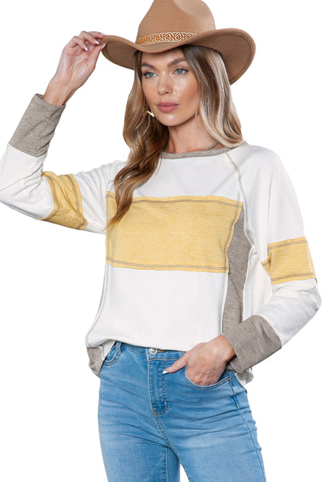 White Color Block Exposed Seam Pullover Long Sleeve T Shirt