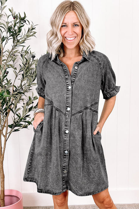 Blue Mineral Washed Ruffled Short Sleeve Pocketed Denim Dress