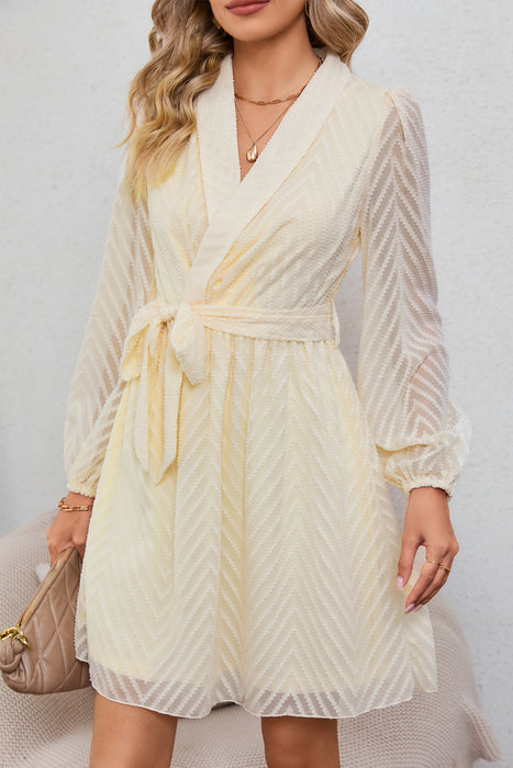 Apricot Textured Wrap V Neck Waist Belted Long Sleeve Dress