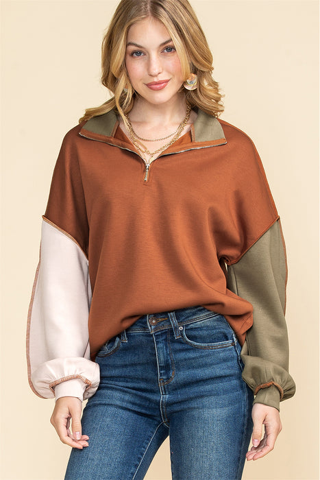 Khaki Patchwork Bishop Sleeve Zip Neck Sweatshirt