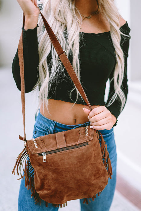 Chestnut Vintage Faux Suede Fringed Saddle Bag