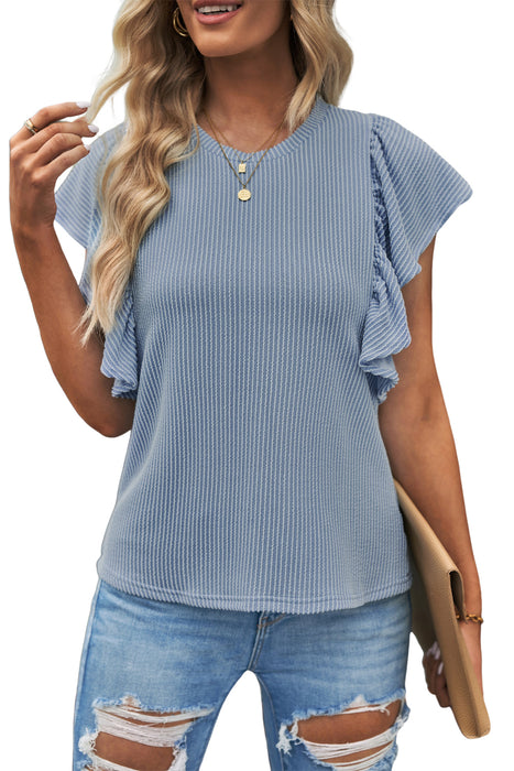 Blue Textured Butterfly Sleeve Casual Blouse for Women