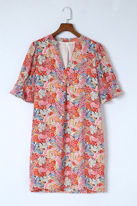 Multicolor Floral Print Split V Neck Half Sleeve Casual Tunic Dress