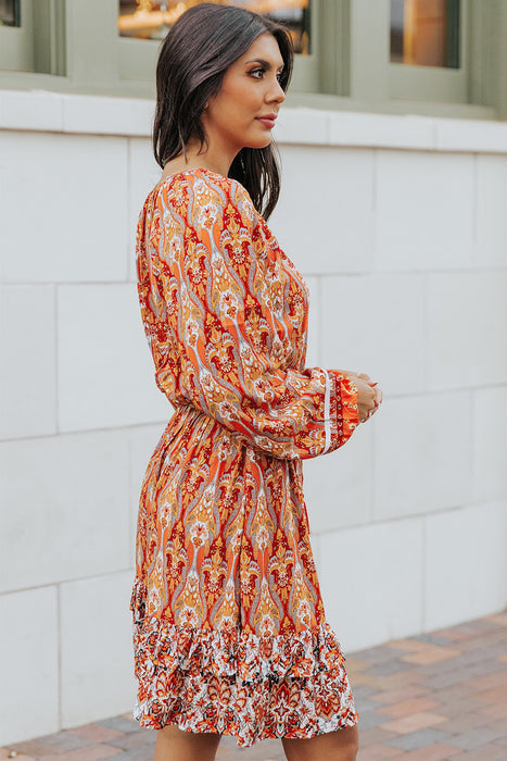 Orange Bohemian Floral Print Buttons Pleated Drawstring Short Dress