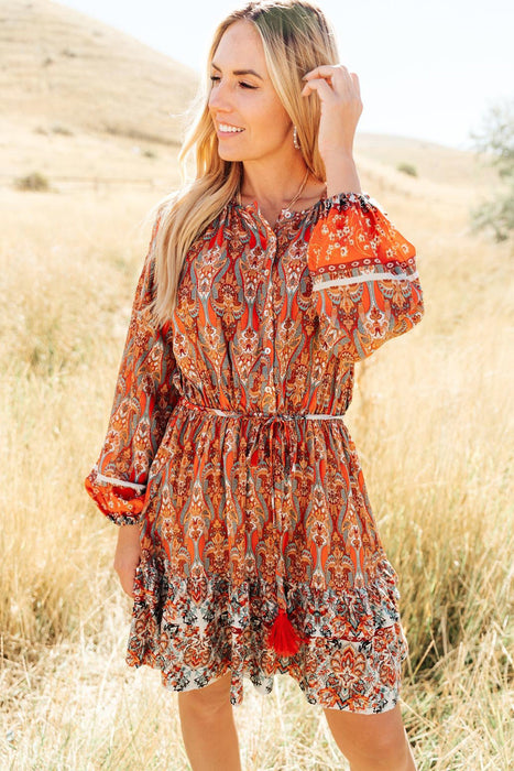 Orange Bohemian Floral Print Buttons Pleated Drawstring Short Dress