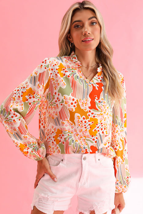 Orange Abstract Printed Split V Neck Puff Sleeve Blouse