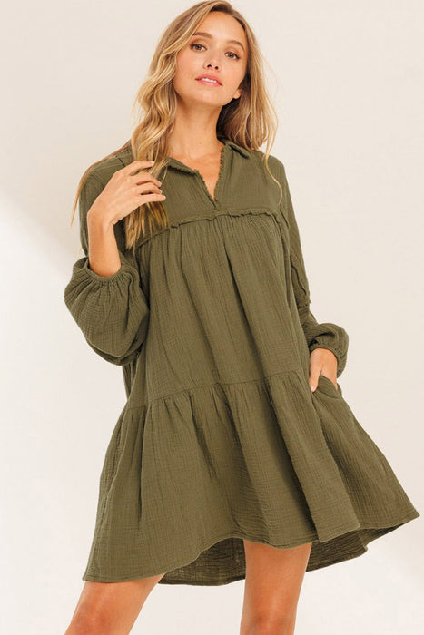 Solid Color Gauze Collared Casual Swing Long Sleeve Dress