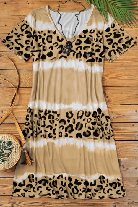 Rose Leopard Tie Dye Color Block V-Neck T-Shirt Dress