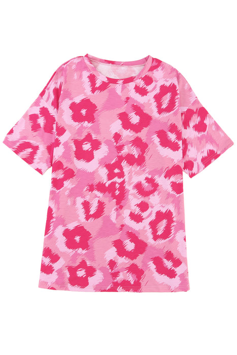 Pink Leopard Print Drop Sleeve Oversized T Shirt