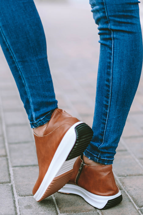 Brown Leather Zipped Non-Slip Thick Sole Shoes