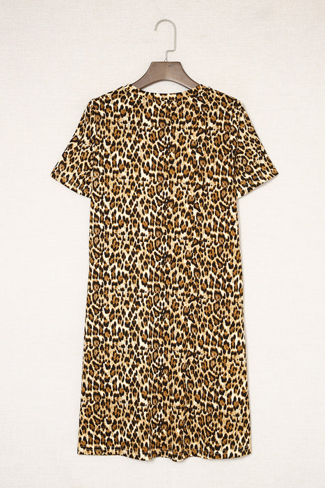 Casual Short Sleeve A-Line Crewneck Leopard Print Dress