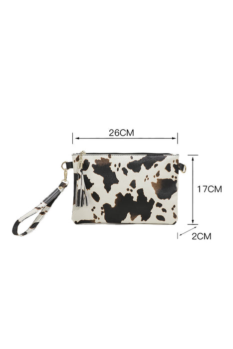 White Western Cow Print Fringe Clutch