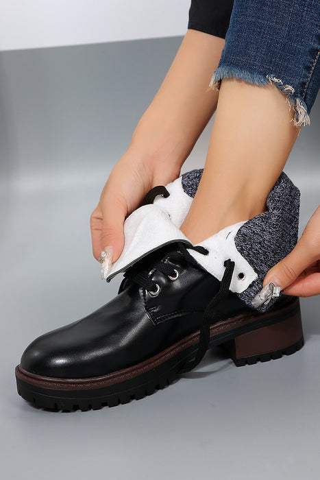 Black Knitted Patched Lace Up Heeled Ankle Boots