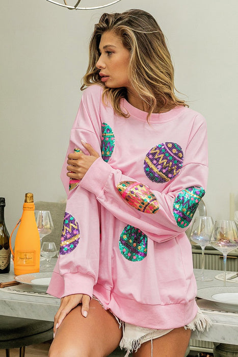 Pink Easter Sequin Egg Print Drop Shoulder Graphic Oversized Sweatshirt