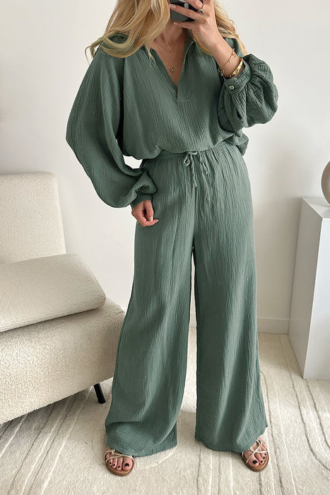 Mist Green Crinkle Split Neck Top Loose Drawstring Pants Set