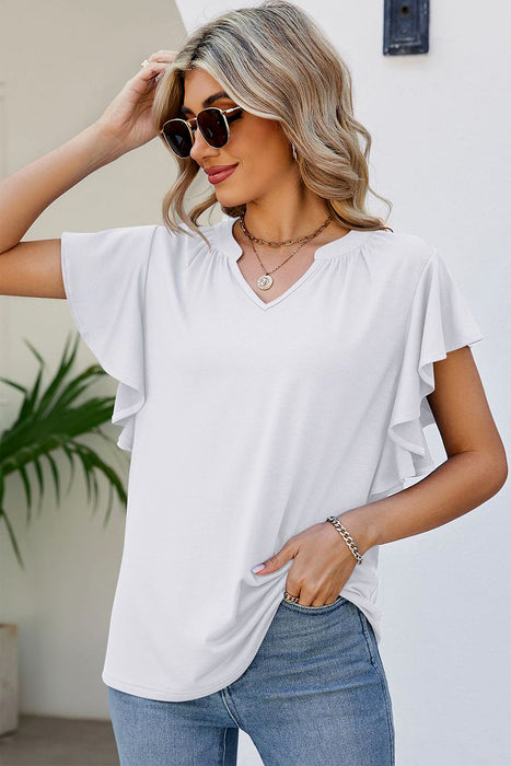 White Casual Plain V Neck Ruffle Sleeve T Shirt