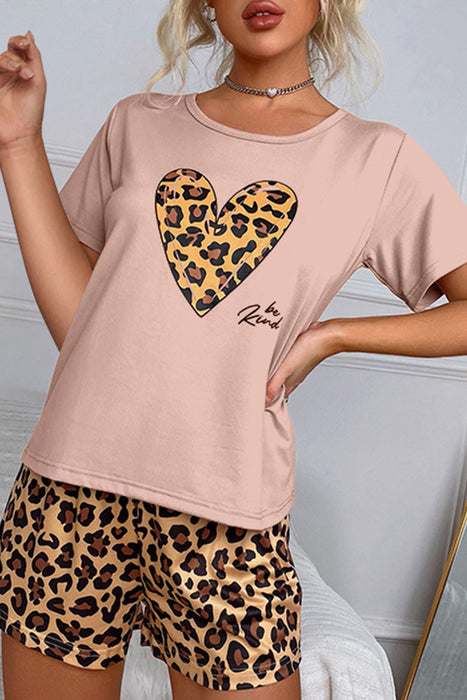 Multicolor Leopard Heart Print T Shirt & Shorts Lounge Set